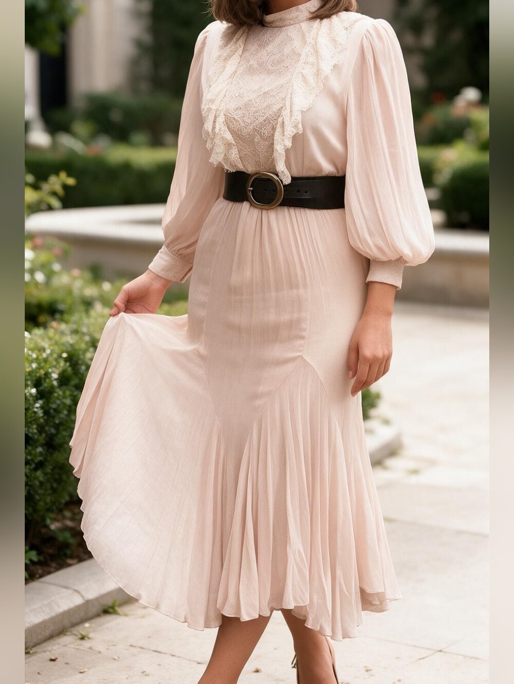 Zara Lace-Front Long Sleeve Midi Dress in Blush